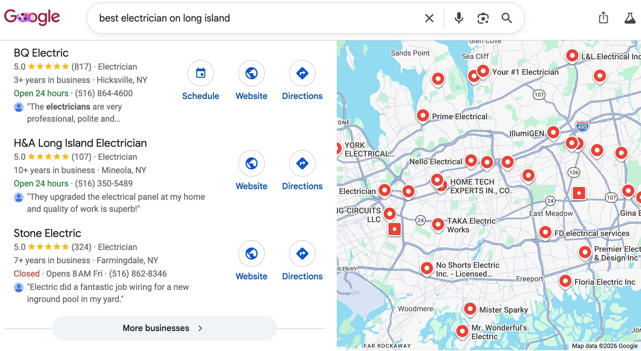 Google search results for best electrician on Long Island showing the top three businesses with reviews alongside a map of dozens of competing electricians across Nassau County