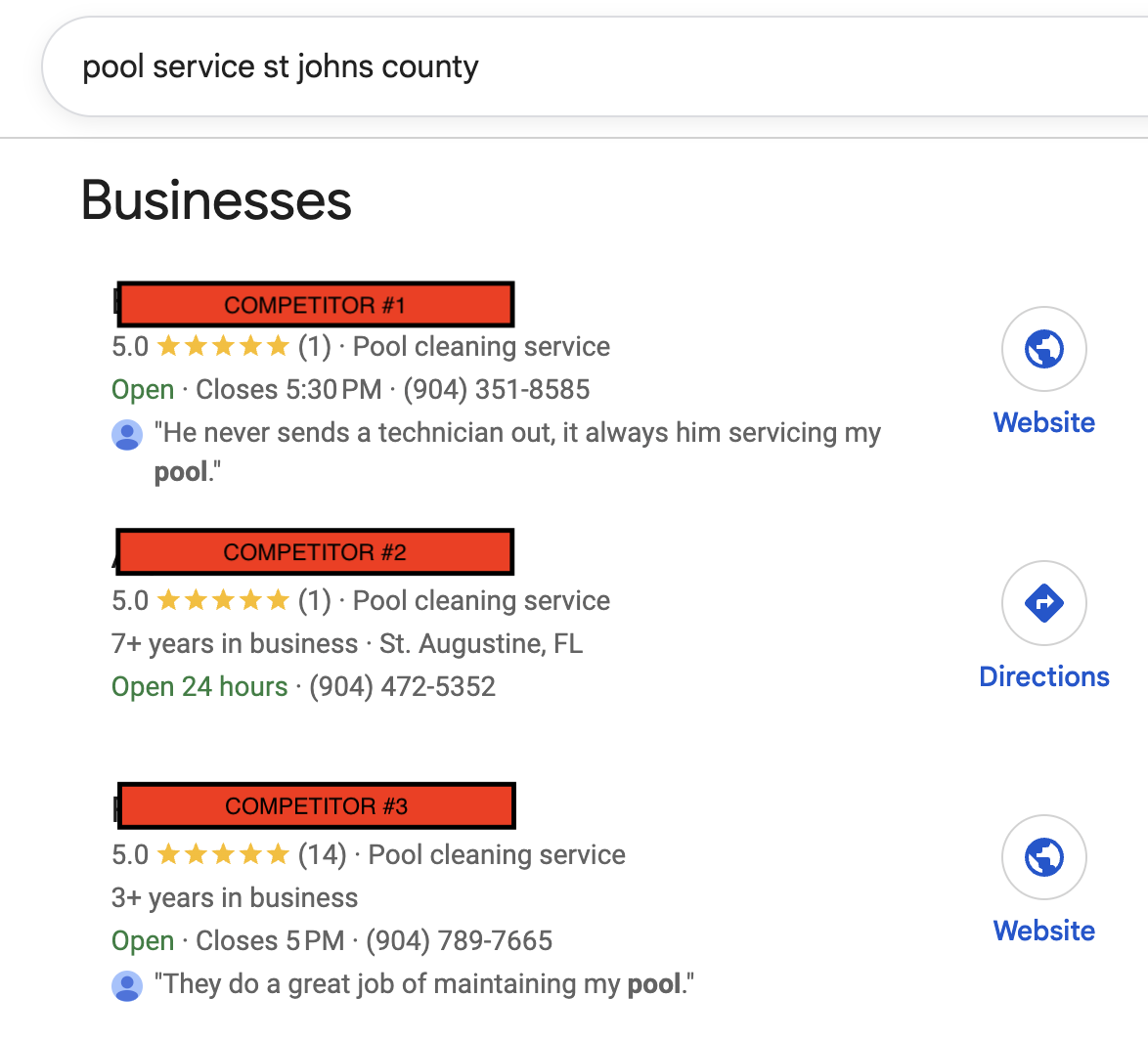 Google Local Pack for pool service in St. Johns County showing the top three businesses, names covered, with review counts of 1, 1, and 14