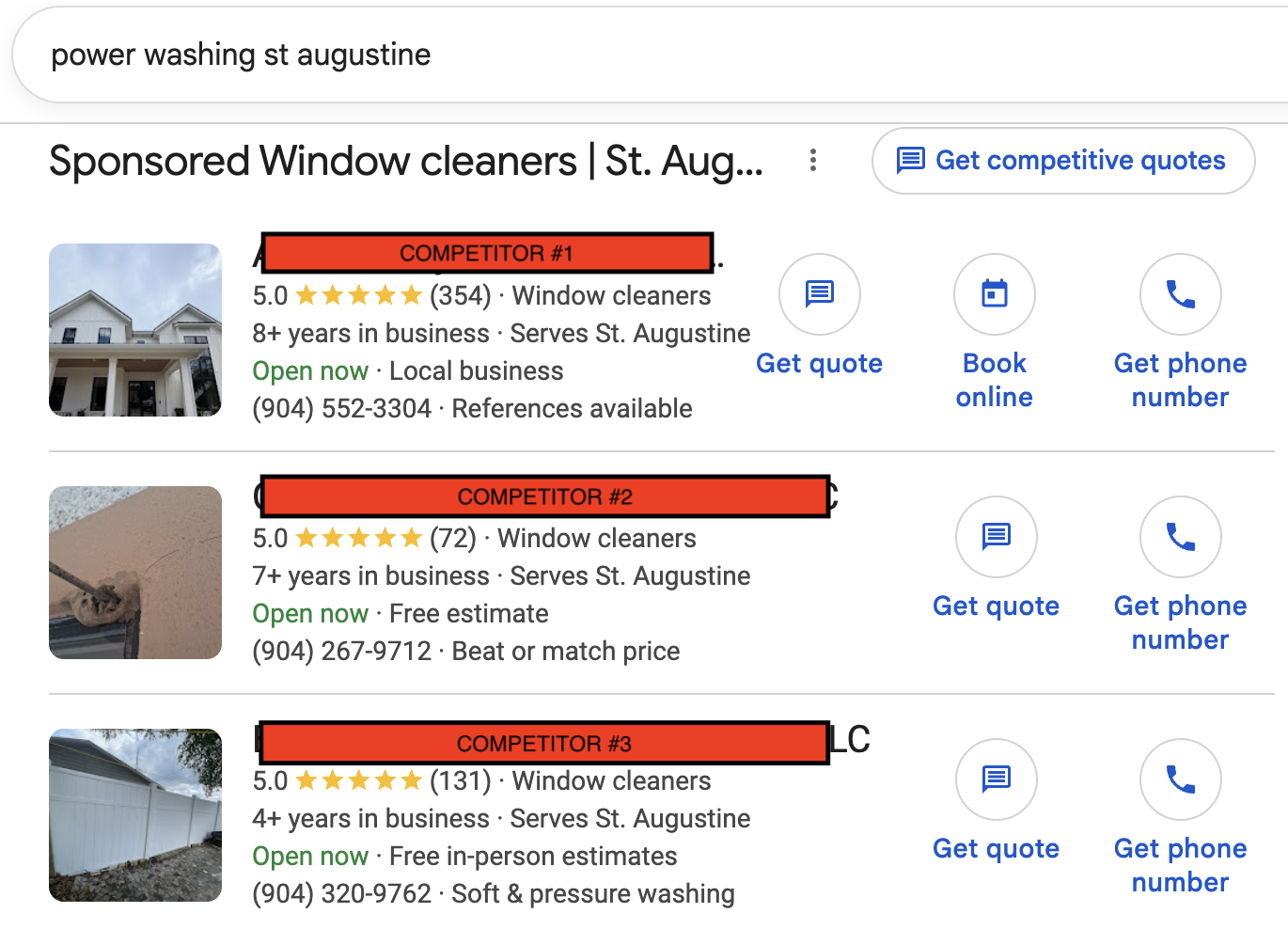 Google results for power washing in St. Augustine showing three ranking businesses, names covered, each categorized by Google as Window cleaners